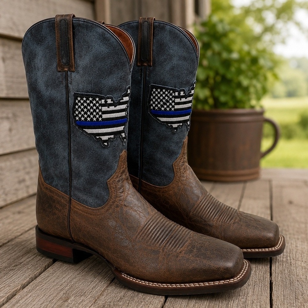 New Dan Post Men's Thin Blue Line Western Boots Brown Blue Leather DP4515 15 EW